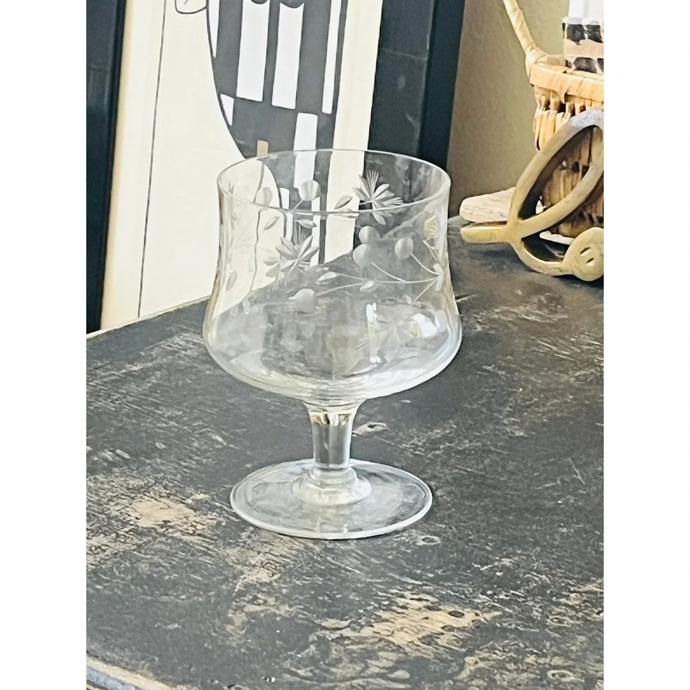 MCM Arcadia Etched Brandy Glass 1950s 1960s Romania Vintage Snifter Single Glass